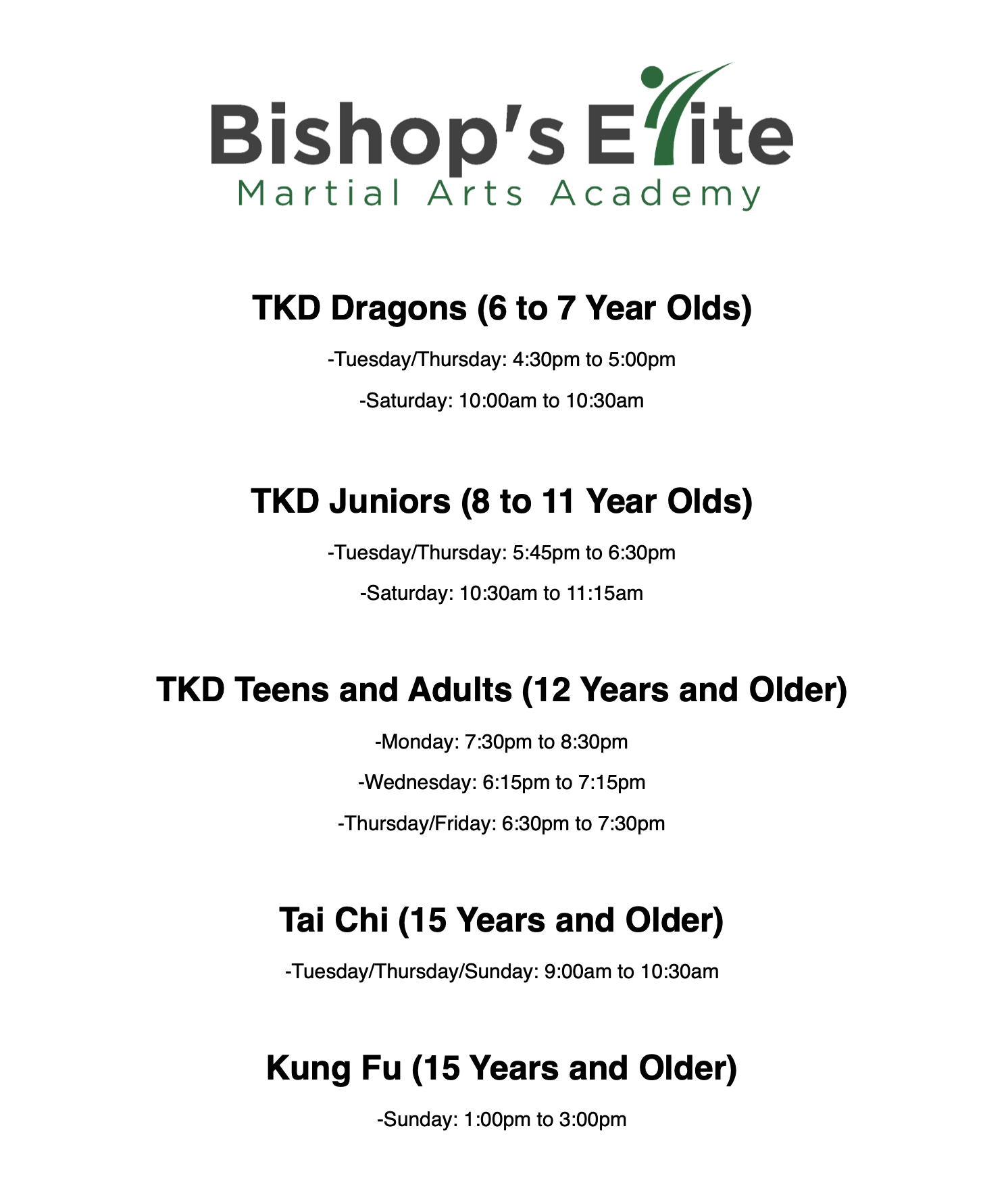 Bishop's Elite Martial Arts Academy Class Schedule
